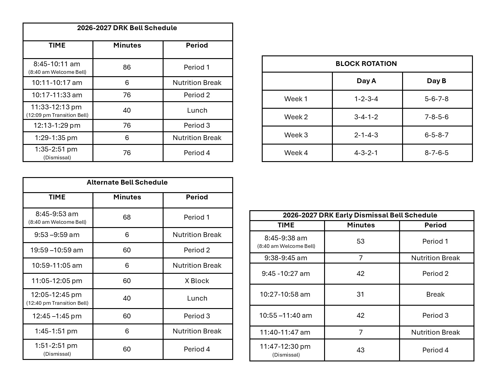 DRK Block Rotation and Bell Schedule 2026 2027