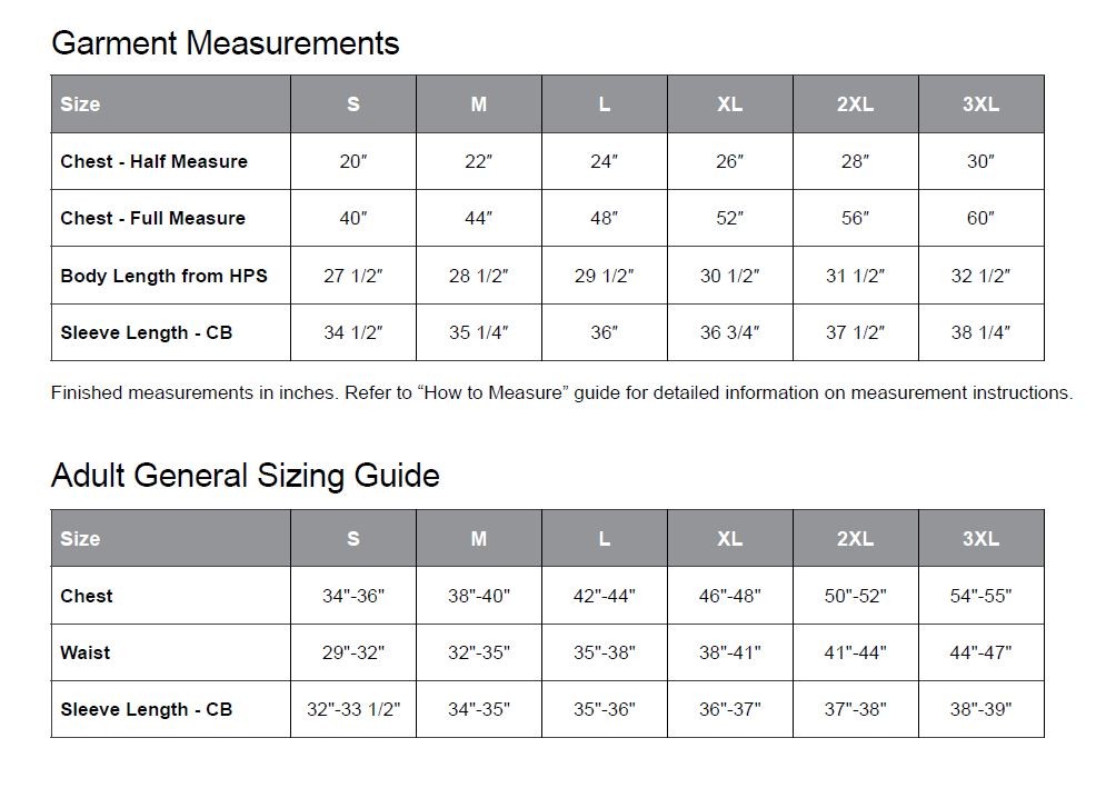 Hoodie Sizing Chart for Adult sizes